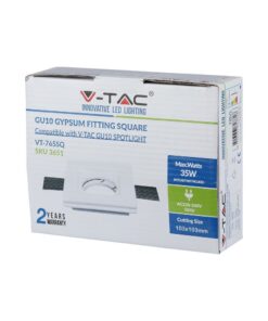 Τετράγωνο γύψινο φωτιστικό GU10 V-TAC 35W, συμβατό με V-TAC GU10 spotlight, διάσταση κοπής 103x103mm.