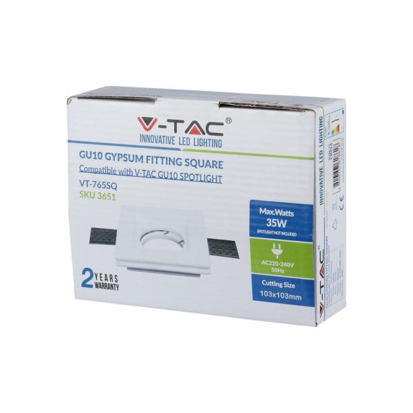 Τετράγωνο γύψινο φωτιστικό GU10 V-TAC 35W, συμβατό με V-TAC GU10 spotlight, διάσταση κοπής 103x103mm.