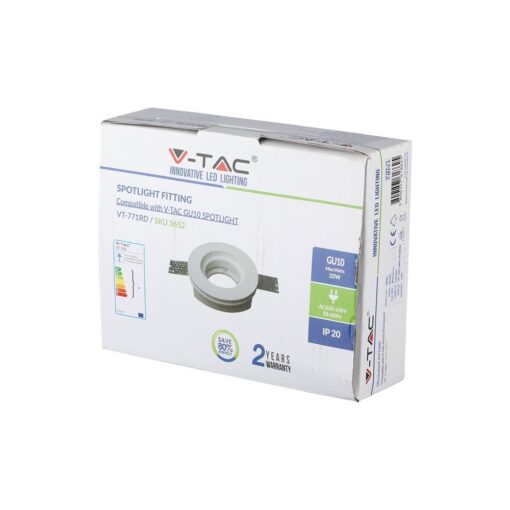 Συσκευασία σποτ φωτιστικό V-TAC GU10, 35W, IP20, εξοικονόμηση ενέργειας, 2 χρόνια εγγύηση.