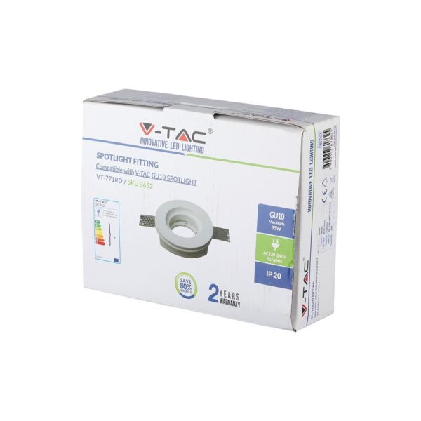 Συσκευασία σποτ φωτιστικό V-TAC GU10, 35W, IP20, εξοικονόμηση ενέργειας, 2 χρόνια εγγύηση.