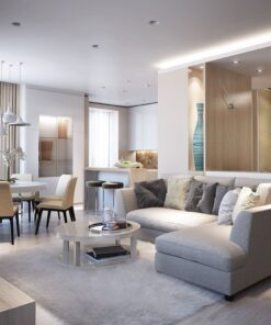 Σαλόνι μοντέρνου σχεδιασμού με γωνιακό καναπέ, γκρι υφάσματα και διακοσμητικά μαξιλάρια.