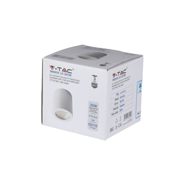 Σποτ φωτιστικό γύψινο V-TAC 35W, στρογγυλό σχέδιο GU10, για οροφές εσωτερικού χώρου, SKU 3665.