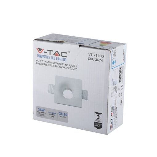 Γύψινη Βάση GU10 – MR16 V-TAC Χωνευτή Τετράγωνη Λευκή – 3674
