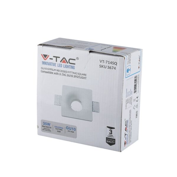 Γύψινη Βάση GU10 – MR16 V-TAC Χωνευτή Τετράγωνη Λευκή – 3674
