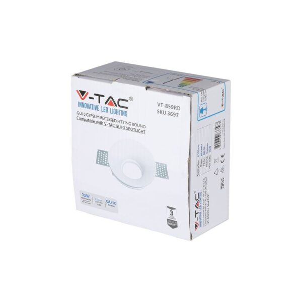 Γύψινη Βάση Σποτ GU10 V-TAC Χωνευτή Στρογγυλή Λευκή – 3697