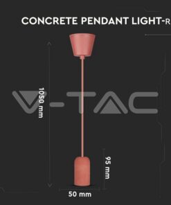 Κόκκινο τσιμεντένιο φωτιστικό V-TAC με καλώδιο 1050mm, διάμετρο 50mm και ύψος 95mm.