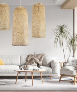 GloboStar® CALERO 01712 Μοντέρνο Κρεμαστό Φωτιστικό Οροφής Μονόφωτο 1 x E27 Μπεζ Μπαμπού Καμπάνα Φ40 x Υ90cm