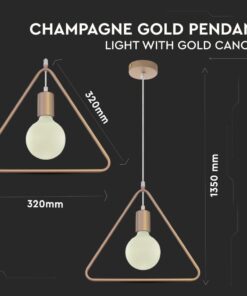 Τριγωνικό κρεμαστό φωτιστικό σαμπανί με χρυσή βάση, ύψος 1350mm, πλάτος 320mm.