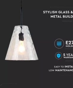 Κρεμαστό Φωτιστικό Οροφής Μονόφωτο E27 Κώνος Γυάλινο Διάφανο V-TAC – 3881