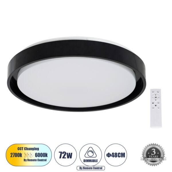 GloboStar® BARCHETTA 61046-S Πλαφονιέρα Οροφής LED CCT 72W 8306lm 120° AC 220-240V – Εναλλαγή Φωτισμού μέσω Τηλεχειριστηρίου All In One Ψυχρό 6000k+Φυσικό 4500k+Θερμό 2700k Dimmable Φ48cm – Μαύρο – 3 Years Warranty