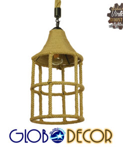 GloboStar® YUBA 01612 Vintage Κρεμαστό Φωτιστικό Οροφής Μονόφωτο 1 x E27 Πλέγμα με Μπεζ Σχοινί Φ22 x Υ40cm