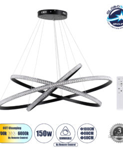 GloboStar® DIAMOND TRIO 61140-DECO Κρεμαστό Φωτιστικό Δαχτυλίδι-Κύκλος LED CCT 150W 18379lm 360° AC 220-240V – Εναλλαγή Φωτισμού μέσω Τηλεχειριστηρίου All In One Ψυχρό 6000k+Φυσικό 4500k+Θερμό 2700k Dimmable Φ60+80+100cm – Μαύρο – 3 Years Warranty