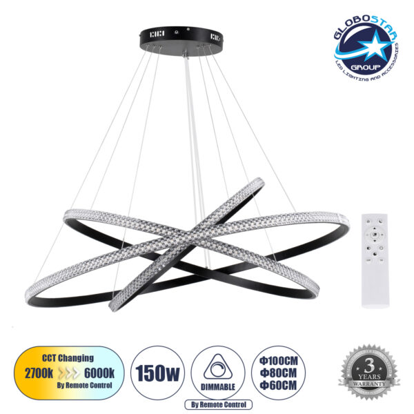 GloboStar® DIAMOND TRIO 61140-DECO Κρεμαστό Φωτιστικό Δαχτυλίδι-Κύκλος LED CCT 150W 18379lm 360° AC 220-240V - Εναλλαγή Φωτισμού μέσω Τηλεχειριστηρίου All In One Ψυχρό 6000k+Φυσικό 4500k+Θερμό 2700k Dimmable Φ60+80+100cm - Μαύρο - 3 Years Warranty