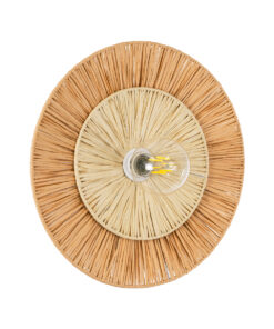 GloboStar® COLOMBO 02278 Boho Φωτιστικό Τοίχου – Απλίκα Μονόφωτο 1 x E27 AC 220-240V IP20 – Φ40 x Υ4.5cm – Μπεζ με Μπεζ Καφέ Φυσική Ράφια Άχυρο Πλέγμα – 5 Χρόνια Εγγύηση