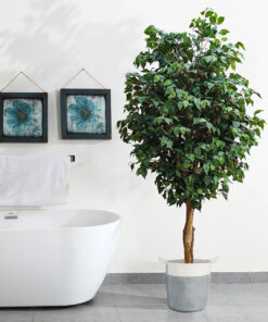 GloboStar® Artificial Garden KASTELLORIZO 20198 Διακοσμητικό Πλεκτό Καλάθι – Κασπώ Γλάστρα – Flower Pot Γκρι με Λευκό Π35cm x Υ40cm