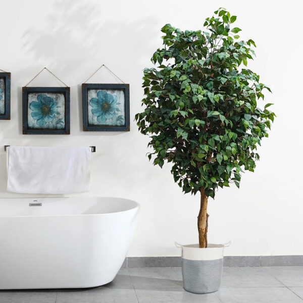 GloboStar® Artificial Garden KASTELLORIZO 20198 Διακοσμητικό Πλεκτό Καλάθι – Κασπώ Γλάστρα – Flower Pot  Γκρι με Λευκό Π35cm x Υ40cm