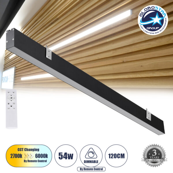 GloboStar® FELIX 61028-W Γραμμικό Φωτιστικό Τοίχου - Απλίκα Linear LED CCT 54W 6500lm 120° AC 220-240V Μ120 x Π3.5 x Υ7cm - Εναλλαγή Φωτισμού μέσω Τηλεχειριστηρίου All In One Ψυχρό 6000k+Φυσικό 4500k+Θερμό 2700k Dimmable - Μαύρο - 3 Years Warranty