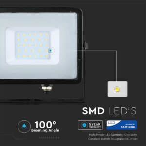LED Προβολέας 30W V-TAC PRO Samsung Chip Μαύρος 100° 2400lm Μαύρος Αδιάβροχος IP65 Θερμό Λευκό 3000K – 400