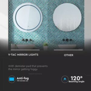 Καθρέφτης LED Αντιθαμβωτικός Στρογγυλός Φ60 3 σε 1 CCT με Διακόπτη ΑφήςV-TAC  25W σε Ψυχρό Λευκό – 2140491