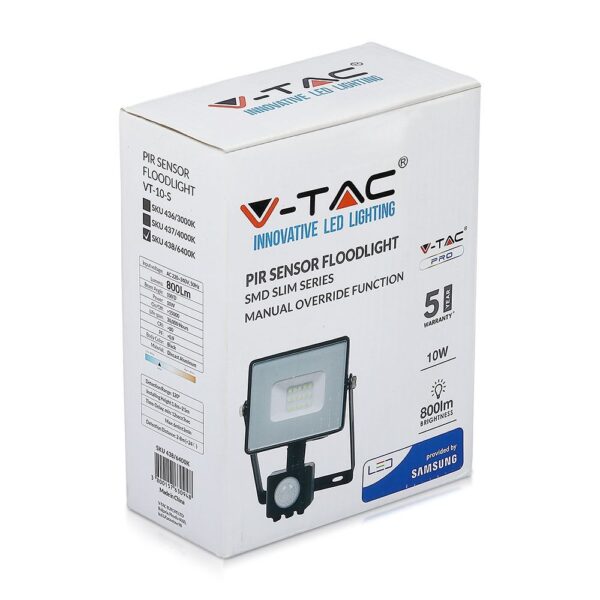 LED Προβολέας με Ανιχνευτή Κίνησης 10W V-TAC Samsung Chip Μαύρος IP65 Θερμό Λευκό 3000K – 436