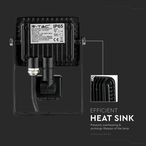 LED Προβολέας με Ανιχνευτή Κίνησης 10W V-TAC Samsung Chip Μαύρος IP65 Θερμό Λευκό 3000K – 436