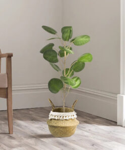 GloboStar® Artificial Garden MILOS 20307 Διακοσμητικό Ψάθινο Καλάθι – Κασπώ Γλάστρα – Flower Pot Μπεζ με Μακραμέ Φ21cm x Υ26cm