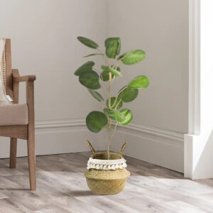 GloboStar® Artificial Garden MILOS 20307 Διακοσμητικό Ψάθινο Καλάθι – Κασπώ Γλάστρα – Flower Pot Μπεζ με Μακραμέ Φ21cm x Υ26cm