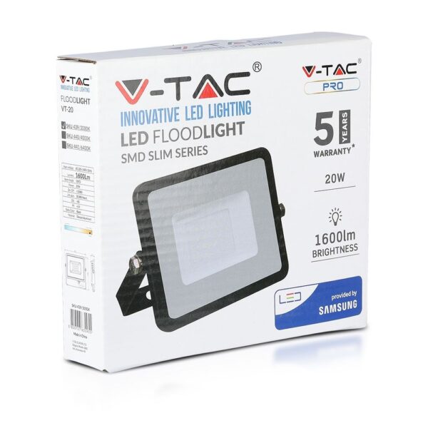 LED Προβολέας 20W V-TAC PRO Samsung Chip Μαύρος 100° 1600lm Μαύρος Αδιάβροχος IP65 Φυσικό Λευκό 4000K – 440