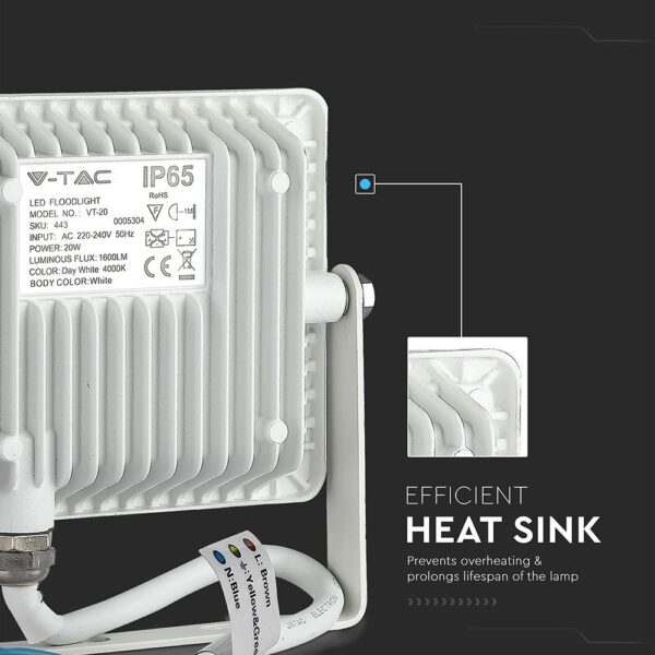 LED Προβολέας 20W V-TAC PRO Samsung Chip Μαύρος 100° 1600lm Λευκός Αδιάβροχος IP65 Φυσικό Λευκό 4000K – 443