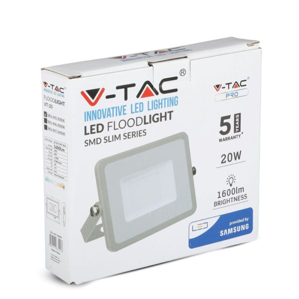 LED Προβολέας 20W V-TAC PRO Samsung Chip Μαύρος 100° 1600lm Γκρι Αδιάβροχος IP65 Θερμό Λευκό 3000K – 445