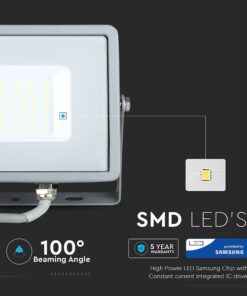 LED Προβολέας 30W V-TAC PRO Samsung Chip 100° 2400lm Γκρι Αδιάβροχος IP65 Φυσικό Λευκό 4000K – 455