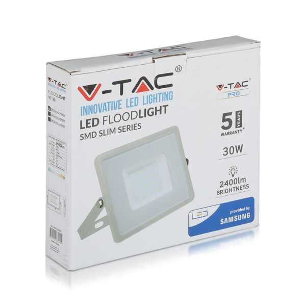 LED Προβολέας 30W V-TAC PRO Samsung Chip  100° 2400lm Γκρι Αδιάβροχος IP65 Φυσικό Λευκό 4000K – 455