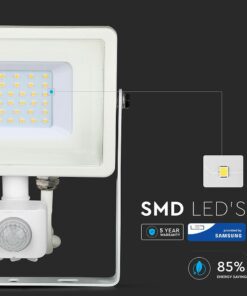 LED Προβολέας με Ανιχνευτή Κίνησης 30W V-TAC Samsung Chip Λευκός IP65 Φυσικό Λευκό 4000K – 458
