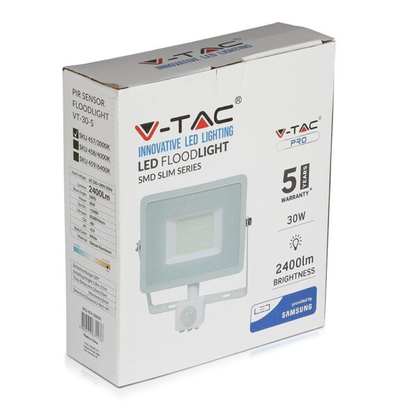 LED Προβολέας με Ανιχνευτή Κίνησης 30W V-TAC Samsung Chip Λευκός IP65 Φυσικό Λευκό 4000K – 458