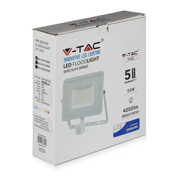 LED Προβολέας με Ανιχνευτή Κίνησης 50W V-TAC PRO Samsung Chip 100° 4000lm Λευκός IP65 Θερμό Λευκό 3000K – 466
