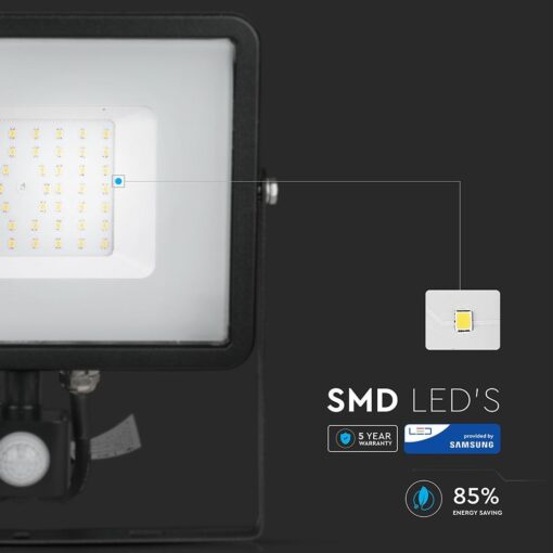 LED Προβολέας με Ανιχνευτή Κίνησης 50W V-TAC PRO Samsung Chip 100° 4000lm Μαύρος IP65 Θερμό Λευκό 3000K – 469
