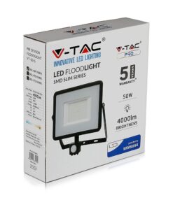 LED Προβολέας με Ανιχνευτή Κίνησης 50W V-TAC PRO Samsung Chip 100° 4000lm Μαύρος IP65 Θερμό Λευκό 3000K – 469