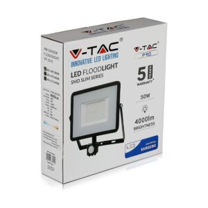 LED Προβολέας με Ανιχνευτή Κίνησης 50W V-TAC PRO Samsung Chip 100° 4000lm Μαύρος IP65 Θερμό Λευκό 3000K – 469