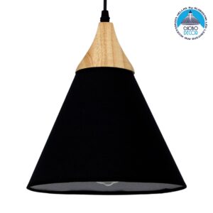 GloboStar® SHADE TEXTILE 01576 Μοντέρνο Κρεμαστό Φωτιστικό Οροφής Μονόφωτο 1 x E27 Μαύρο Υφασμάτινο με Ξύλο Καμπάνα Φ25 x Υ30cm