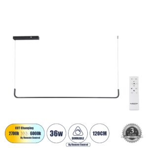 GloboStar® LINARIA 60921 Κρεμαστό Φωτιστικό Οροφής Design LED CCT 36W 4150lm 200° AC 220-240V – Εναλλαγή Φωτισμού μέσω Τηλεχειριστηρίου All In One Ψυχρό 6000k+Φυσικό 4500k+Θερμό 2700k Dimmable Μ120 x Π2 x Υ10cm – Μαύρο – 3 Years Warranty