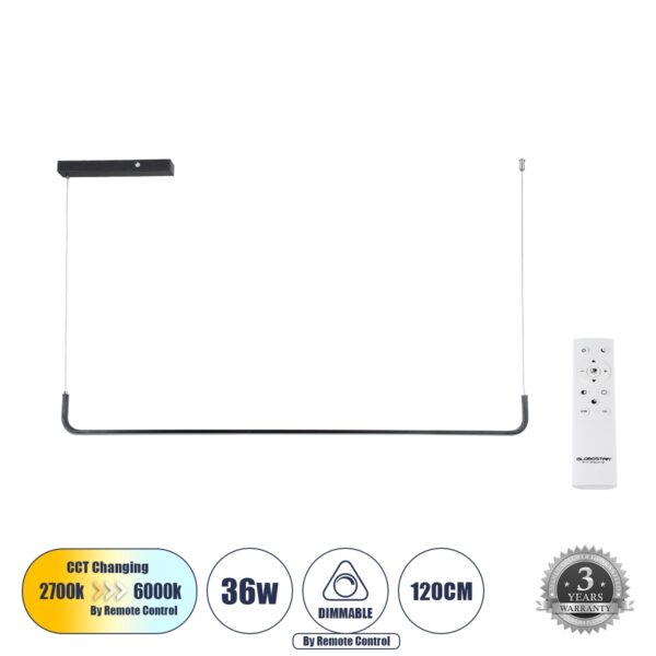GloboStar® LINARIA 60921 Κρεμαστό Φωτιστικό Οροφής Design LED CCT 36W 4150lm 200° AC 220-240V – Εναλλαγή Φωτισμού μέσω Τηλεχειριστηρίου All In One Ψυχρό 6000k+Φυσικό 4500k+Θερμό 2700k Dimmable Μ120 x Π2 x Υ10cm – Μαύρο – 3 Years Warranty