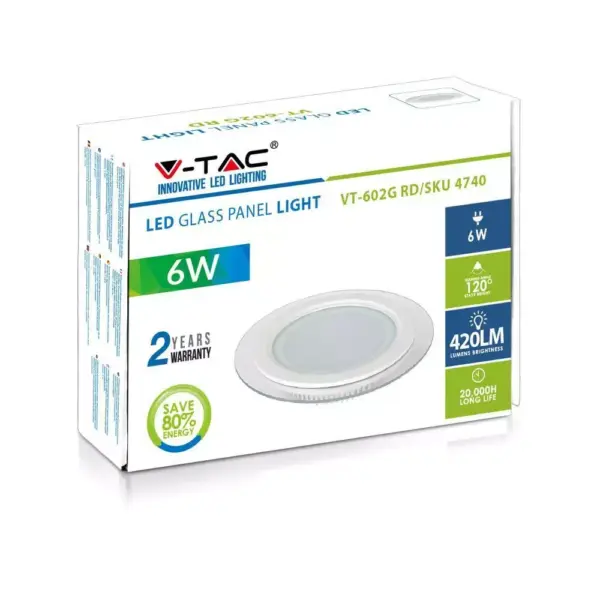 LED panel χωνευτό 6W 6400K Ψυχρό λευκό Στρογγυλό γυάλινο V-TAC – 4739