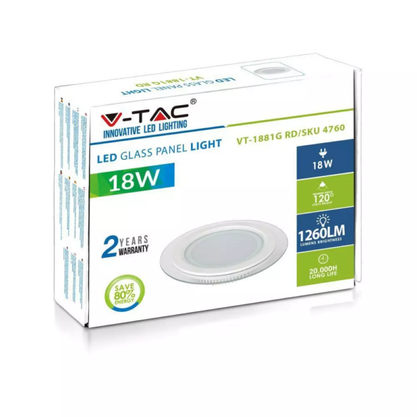 LED panel χωνευτό 18W 6400K Ψυχρό λευκό Στρογγυλό γυάλινο V-TAC – 4759