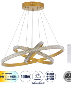 GloboStar® DIAMOND TRIO 61137-DECO Κρεμαστό Φωτιστικό Δαχτυλίδι-Κύκλος LED CCT 100W 12123lm 360° AC 220-240V – Εναλλαγή Φωτισμού μέσω Τηλεχειριστηρίου All In One Ψυχρό 6000k+Φυσικό 4500k+Θερμό 2700k Dimmable Φ25+40+60cm – Χρυσό Βούρτσας – 3 Years Warranty