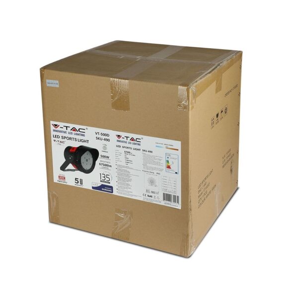 LED Προβολέας 500W V-TAC Samsung Chip Τροφοδοτικό Meanwell Μαύρος 45° Αδιάβροχος IP65 Ψυχρό Λευκό 5000K – 490