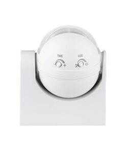 Αισθητήρας κίνησης λευκός με ρυθμιζόμενες λειτουργίες χρόνου και φωτεινότητας, κατάλληλος για εσωτερικούς χώρους.