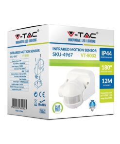 Αισθητήρας κίνησης υπερύθρων V-TAC, 180° εύρος, εμβέλεια 12m, προστασία IP44, για ενεργειακή εξοικονόμηση.