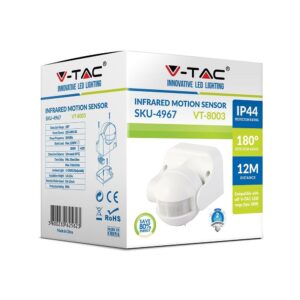 Αισθητήρας κίνησης υπερύθρων V-TAC, 180° εύρος, εμβέλεια 12m, προστασία IP44, για ενεργειακή εξοικονόμηση.