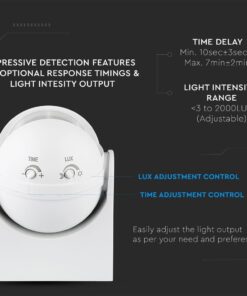 Αισθητήρας κίνησης φώτων με ρυθμιζόμενη ένταση, εύρος έως 2000LUX και επιλογές καθυστέρησης χρόνου.