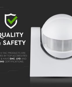 Ανιχνευτής κίνησης V-TAC λευκός, με πιστοποιήσεις EMC, LVD, ROHS για ασφάλεια και ποιότητα.